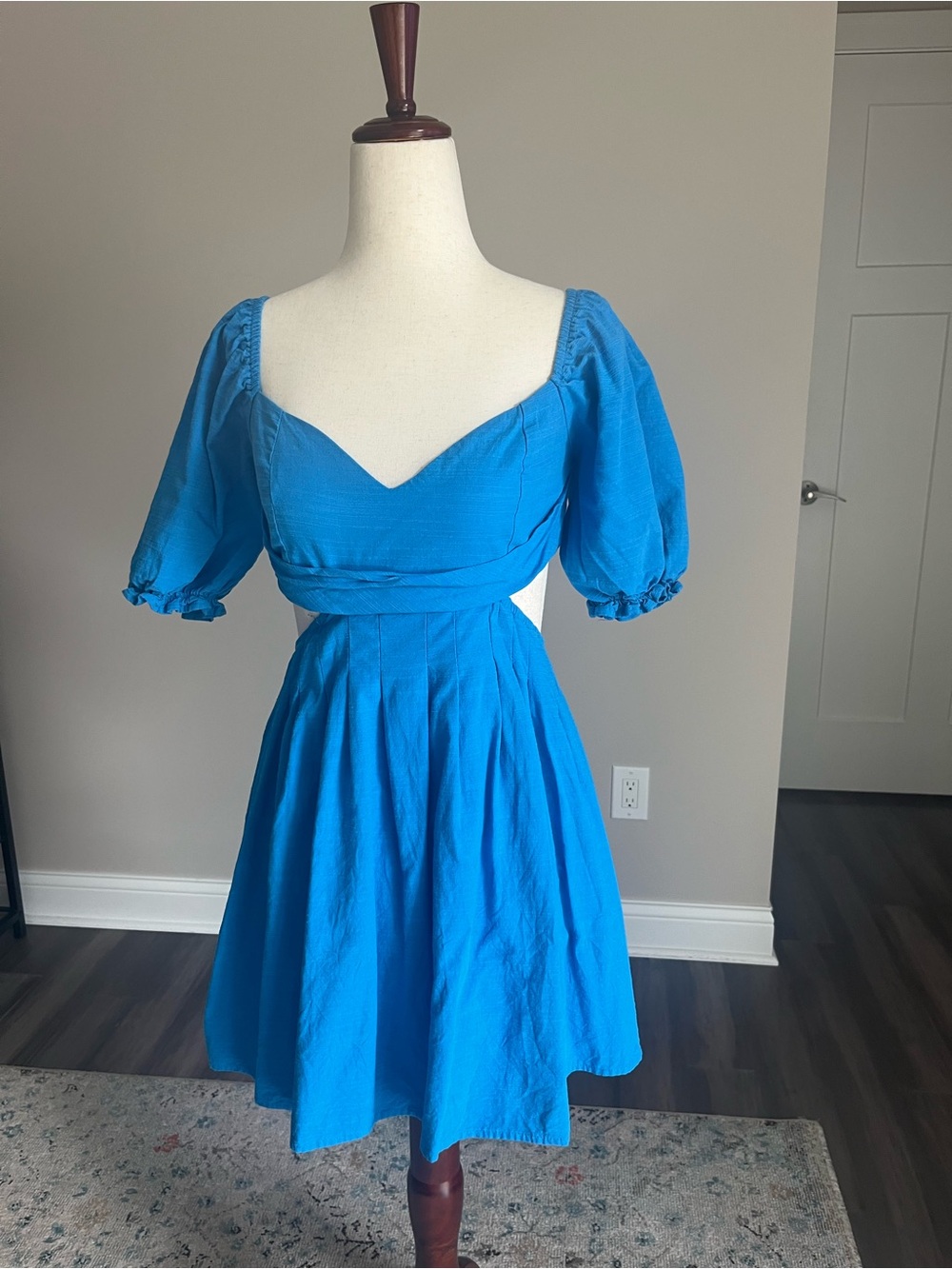 Mable Cottagecore Blue Cotton & Linen Women's Feminine Backless Summer Dress